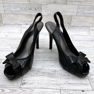 Nine West Women's Size 8M Black Leather Slingback Open Toe Stiletto Heels w/Bows